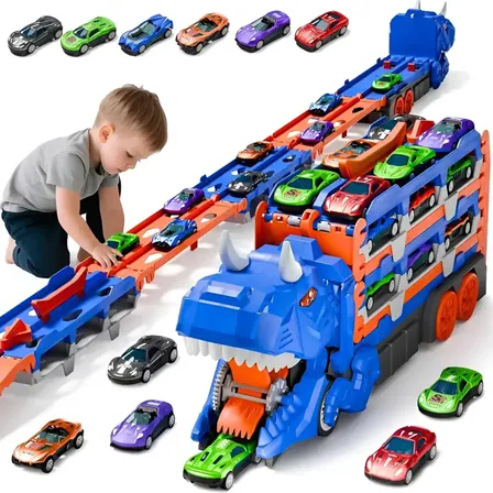 Brinquedo Caminhão Transporte Dinossauro Com Pista Y 6 Cars Azul