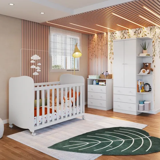 Quarto De Bebê Com Berço Mini Cama Cômoda E Guarda Roupa
