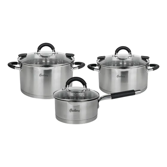 Batería De Cocina Hudson, 6 Piezas - Ollas Y Cacerola Con Tapa Y Colador Integrado, Triple Fondo, Acero Inoxidable, Aptas Para Inducción - Hugim11