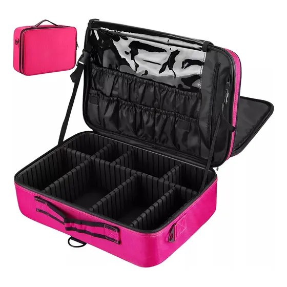 Organizador De Maquillaje Profesional Portatil Kit De Viaje Color Fucsia