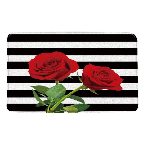 Alfombra Baño Rosa Roja Raya Blanca Negra Flor Verde Hoja
