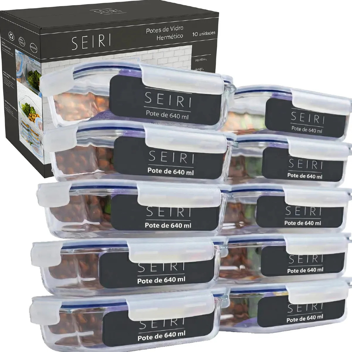 Kit 10 Pote De Vidro Marmita Hermético 640ml Freezer Fitness Borossilicato 4 Travas Micro-ondas Azul-Escuro