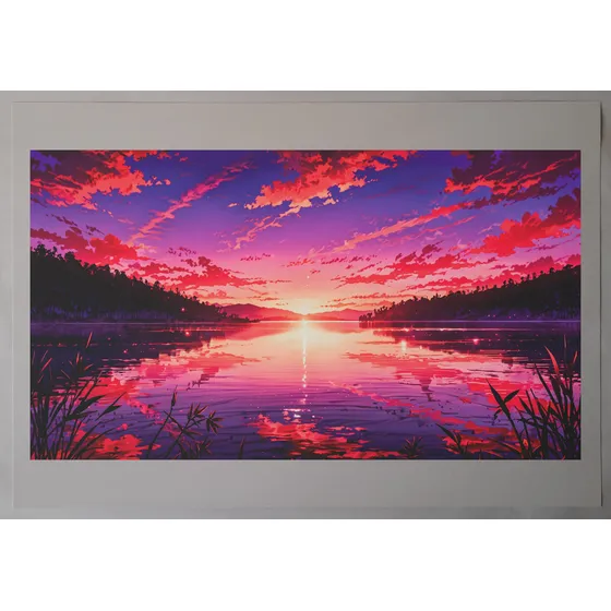 Poster De Ilustración Digital De Lago Al Atardecer