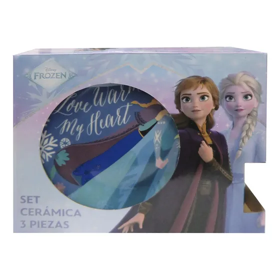Juego X3 De Cerámica Infantil Frozen Plato, Taza Y Bowl Color Celeste