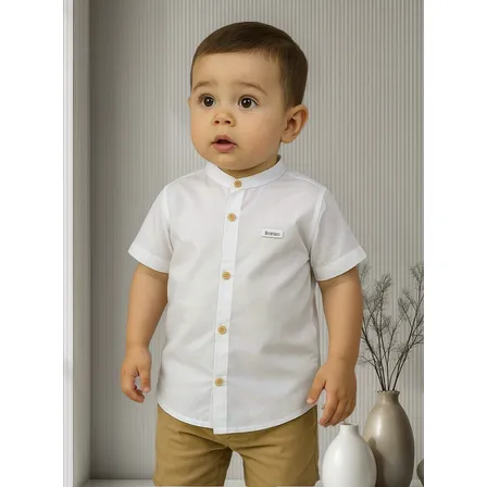 Camisa Bebê Infantil Meninos Casual Linho Bege Manga Curta