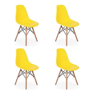 Conjunto 4 Cadeiras Charles Eames Eiffel Wood Base Madeira Magazine Decor Cor Amarelo Conjunto 4 Cadeiras Charles Eames Eiffel Wood Base Madeira Magazine Decor Cor Amarelo