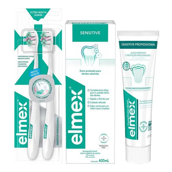 Kit Elmex Sensitive Creme Dental + Enxaguante + Escova