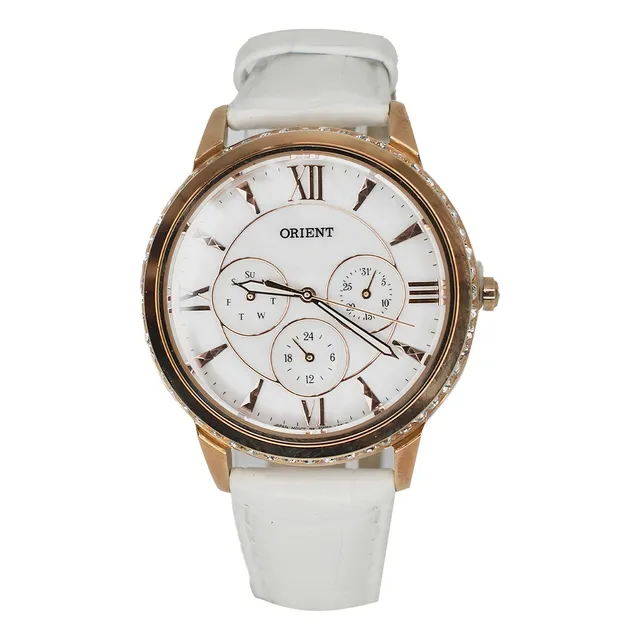 Reloj De Dama Orient Fsw03002w0 Correa Blanco Bisel Dorado Fondo Blanco