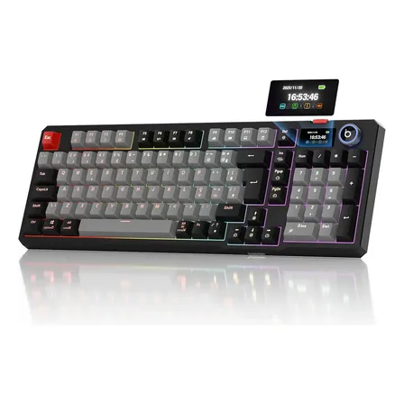 Teclado Mecânico Gamer Sem Fio ABNT2 com Tela e RGB,Conexão Tri-Mode (2.4G/BT/Cabo), Switch Vermelho, Anti-Ghosting para PC/Mac