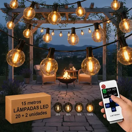 Varal De Luzes Led 15m 20lâmpadas Com Controle Bluetooth G40 Amarelo 110220 V