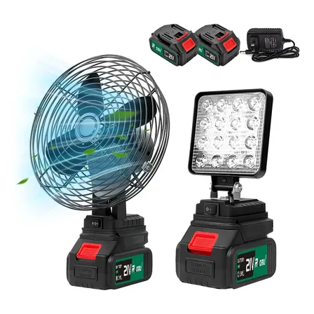 Kit Ventilador Portatil 8'' + Lanterna De Trabalho Luz Led 4'' Portatil 2 Baterias Recarregável