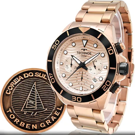 Kit Relógio Technos Acqua Edição Especial Torben Grael 150m Correia Rosé Bisel Rosé Fundo Rosé