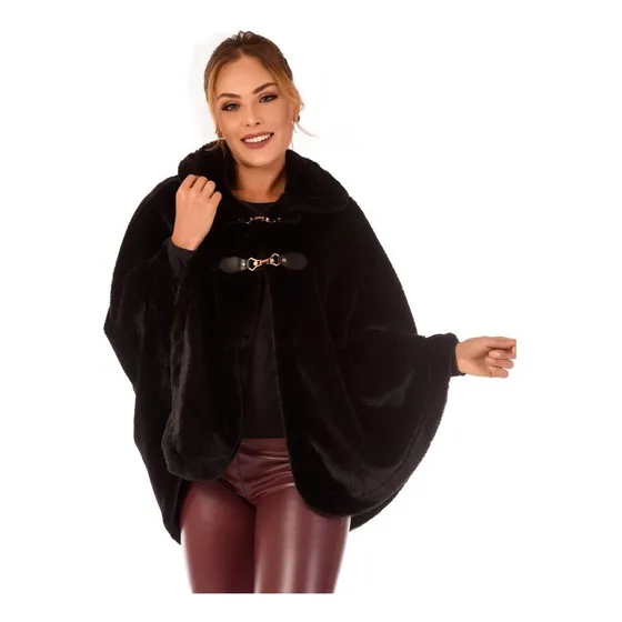 Poncho Pelerine Pele Pelo Preto Com Fechamento 
