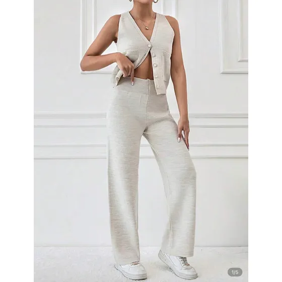 Conjunto De Hilo Fino Tejido Chaleco Y Pantalón Shein