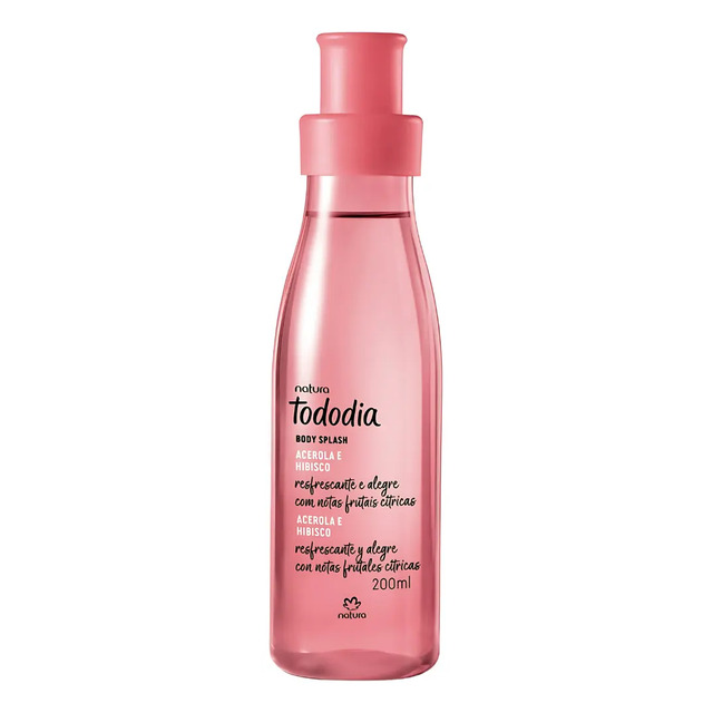 Frasco de vidro transparente com líquido rosa do Body Splash Natura Tododia Acerola e Hibisco de 200ml
