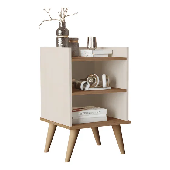 Mesa De Cabeceira Jade 2 Nichos E Prateleira Off White/ Nature Com Pés Retro Dullar Móveis