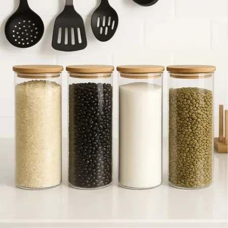 Pote Vidro Hermético Tampa Bambu Borossilicato Organizador Transparente