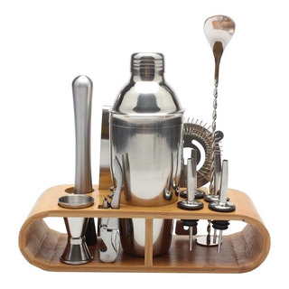 Kit Coctelería Acero Inoxidable 12 Pzs Barman Soporte Madera Kit Coctelería Acero Inoxidable 12 Pzs Barman Soporte Madera