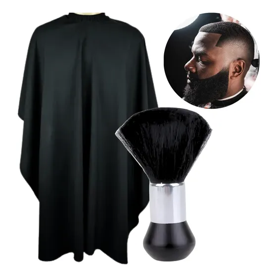 Capa De Corte Barbeiro E Espanador Cerda Macia Kit Barbearia