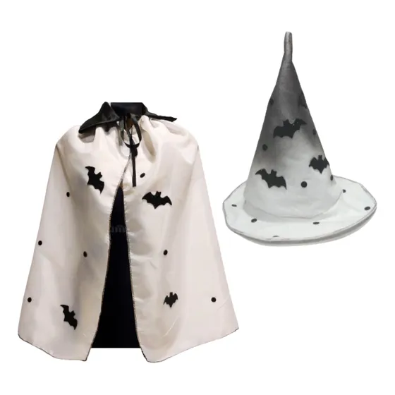 Kit Pelerine Branco C/ Chapéu De Bruxa Halloween Carnaval