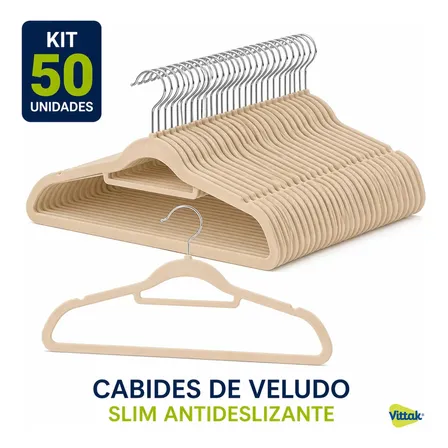 Vittak Kit 50 Cabides Adulto Veludo Slim Antideslizante Organizador Roupas Cor Bege