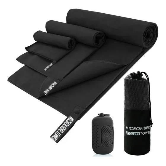 Toalla Microfibra Secado Rápido Gym Baño Viaje 3+1 Paquetes Color Negro