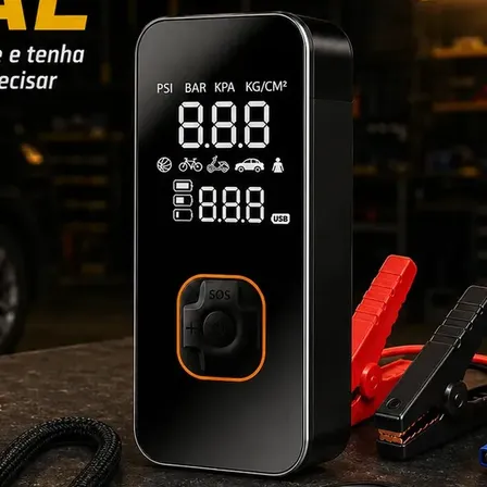 Compressor Ar Portátil Bateria Conector Veicular Bivolt 150 PSI Power Bank e Auxiliar de Partida Mais Emergencial