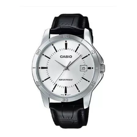 Reloj de pulsera Casio Enticer MTP-V004 de cuerpo color plata, analógico, para hombre, fondo blanco, con correa de cuero color negro, agujas color plata, dial negro, minutero/segundero negro, bisel co