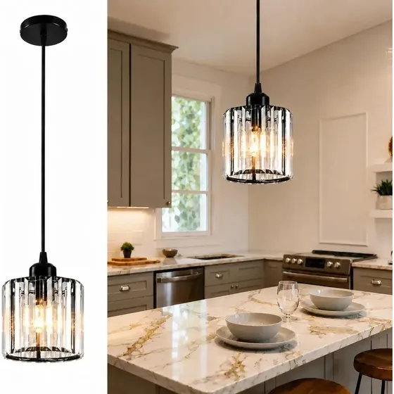 Lustre Pendente de Vidro Cristal, Luminaria Plafon E27 Cabo Ajustável 100cm, Luminária Moderna Decorativa para Bancada Ilha de Cozinha Sala de Jantar Quarto Apartamento Tieesa Preto