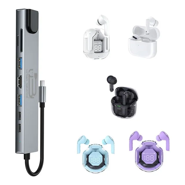 Kit Hub Multicontacto 8 En 1 Ub + Audífonos Inalámbricos Mot Gris Oscuro