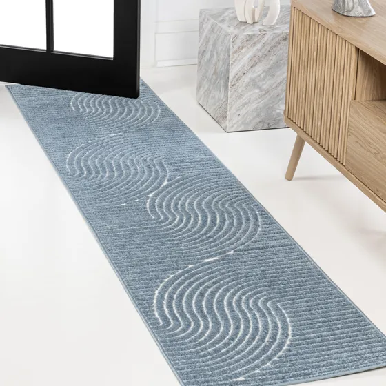 Alfombra De Pasillo Curva Geométrica Azul Oscuro 60x240 Cm