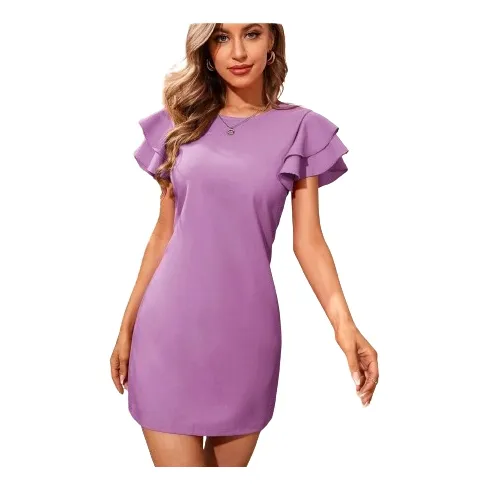 Shein Vestido Unicolor De Manga Mariposa