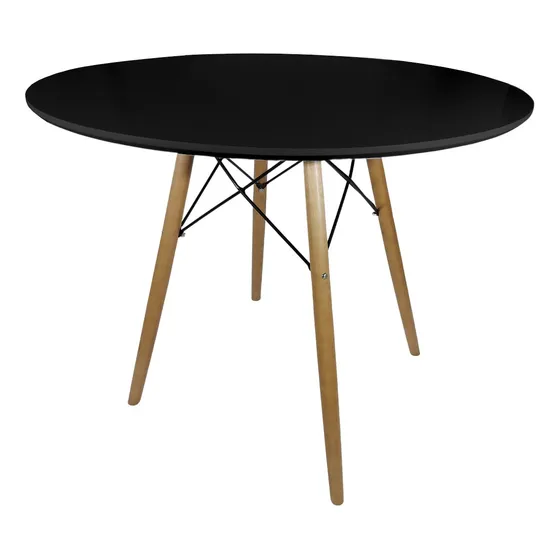 Mesa Redonda 90cm Eiffel Charles Eames Preta Pé Metal Aço E Madeira Cru Eucalipto Jt Home
