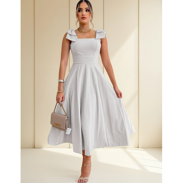 Vestido Longo De Linho Forrado Com Lacinho No Ombro Bojo Vestido Longo De Linho Forrado Com Lacinho No Ombro Bojo