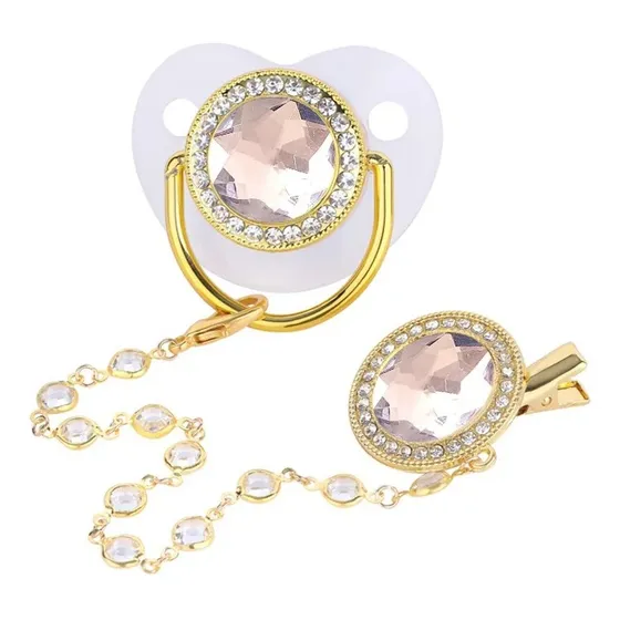 Chupeta Luxo Rosa Cristal Bebê Com Prendedor 0 A 6 Meses