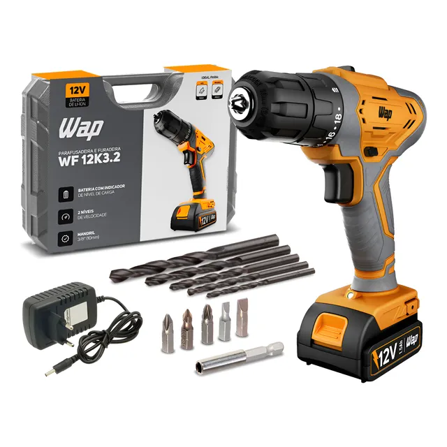 Parafusadeira E Furadeira A Bateria Li-ion Wap Wf 12k3.2 Carregador Com Maleta E Kit De 11 Acessórios