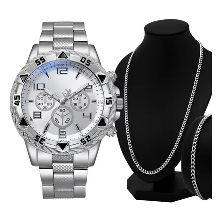Relógio Masculino Prova D'água Quartzo Kit Corrente Pulseira Prata