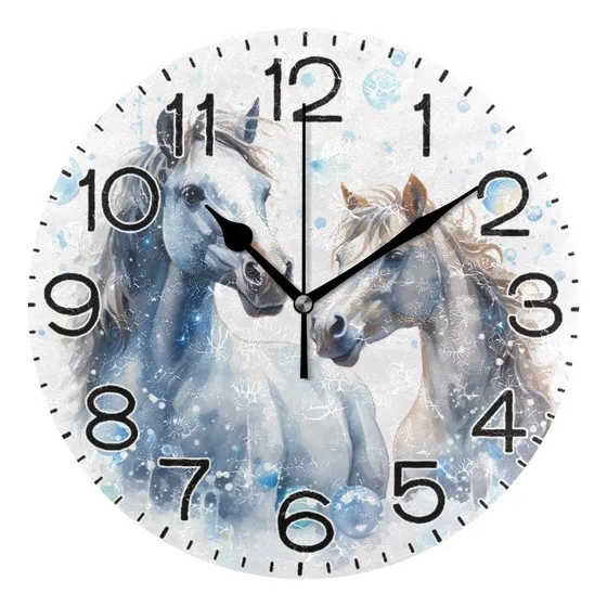 Caballos Blancos Con Reloj De Pared De Burbujas Azules Bater