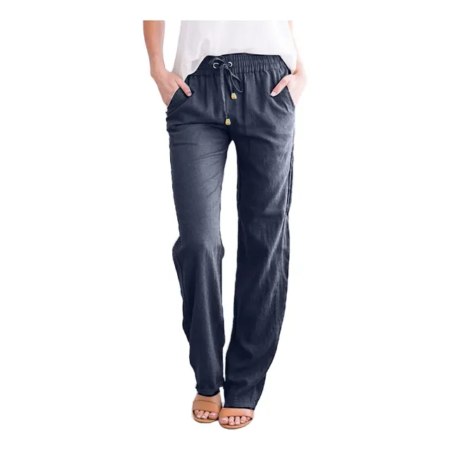 Pantalon Lino Para Mujer Longitud Larga Pierna Recta Cintura