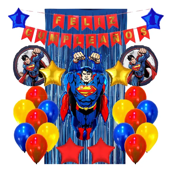 Combo Kit Globos Superman Cumpleaños Cortina Perlados Deco