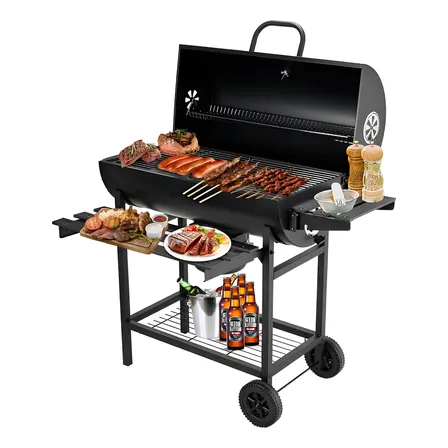 Asadores Carbon De Barril Móvil Con Ruedas Termómetro Y Mesa Auxiliar Acero Inoxidable Negra Linfy