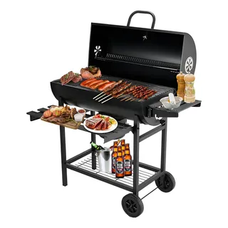 Asadores Carbon De Barril Móvil Con Ruedas Termómetro Y Mesa Auxiliar Acero Inoxidable Negra Linfy