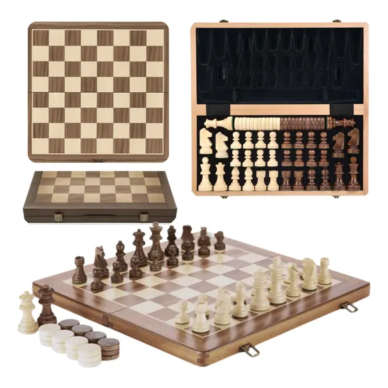 Jogo De Xadrez Tabuleiro Madeira E Damas Profissional Grande