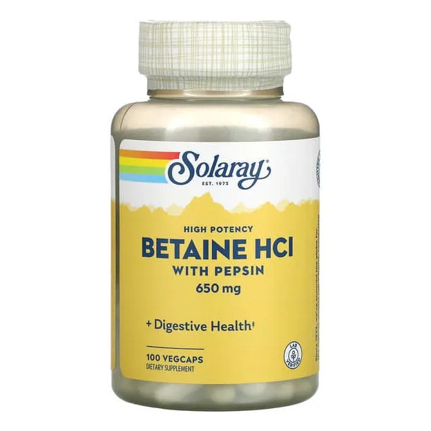 Betaína Hcl con pepsina 650 mg 100 cápsulas Solaray