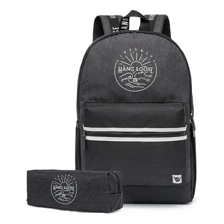 Kit Mochila Estojo Hang Loose Masculina Reforçada Escolar Cinza-escuro