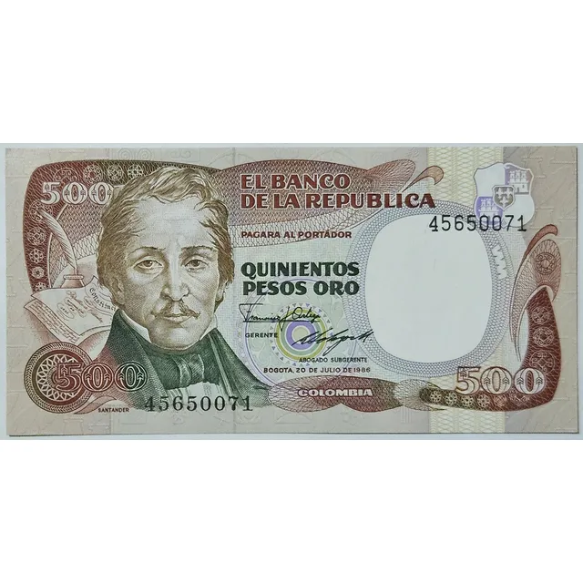 Billete 500 Pesos 20/jul/1986 Colombia Unc Tdlr