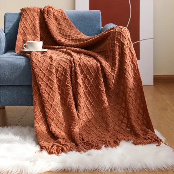Manta Pie De Cama Nordico Nido De Abeja Color Ladrillo Rombos