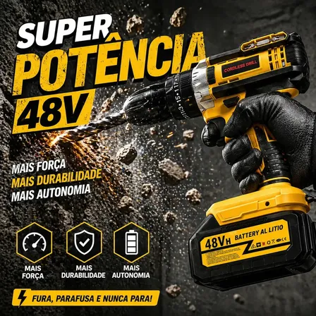 Furadeira Parafusadeira 48v Com 2 Baterias Recarregáveis Maleta Mandril 10mm Torque 32n.m 0-400/0-1400 Rpm Velocidade... Amarelo 127/220v