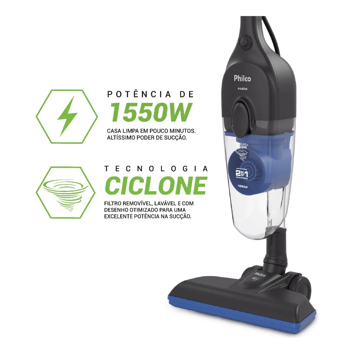 Aspirador de pó vertical Philco PAS38 na cor cinza com detalhes em azul, exibindo ícones gráficos que destacam a potência de 1550W e a tecnologia ciclone.