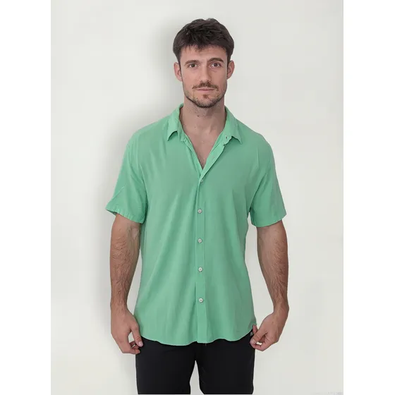Camisa Lino Hombre Manga Corta Cuello Italiano Verano